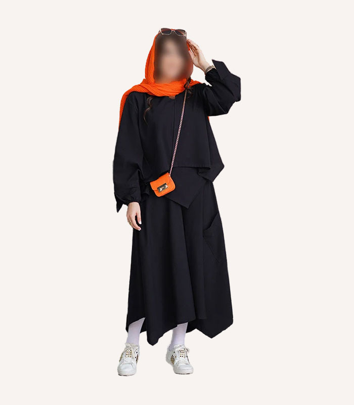 womens-blouse-culotte-pants-y25s1m8_black_image-01-w7h8-blur-bg ست دو تکه زنانه شومیز دامن شلواری مدل مثلثی کژوال اسپرت | پروشات - Image 1